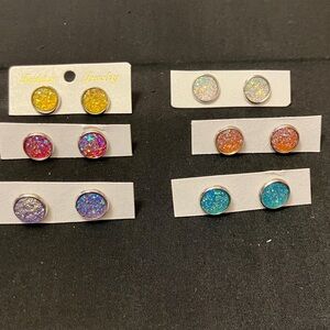 Set of 6 Fashion Jewelry Colorful Glitter Stud Earrings 1/2” round silver post